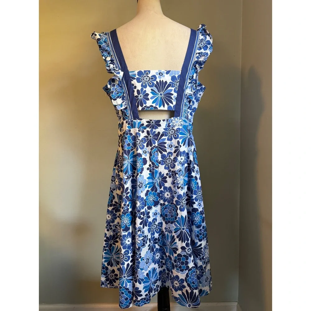 Tahari ASL BlueWhite Floral Ruffle  Cutout Fit Flare Dress 12 boho whimsi dainty - Picture 5 of 9